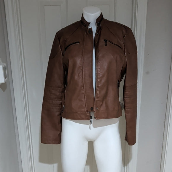 Maralyn & Me Juniors Faux-Leather Cognac Moto Zip Front Biker Jacket Medium