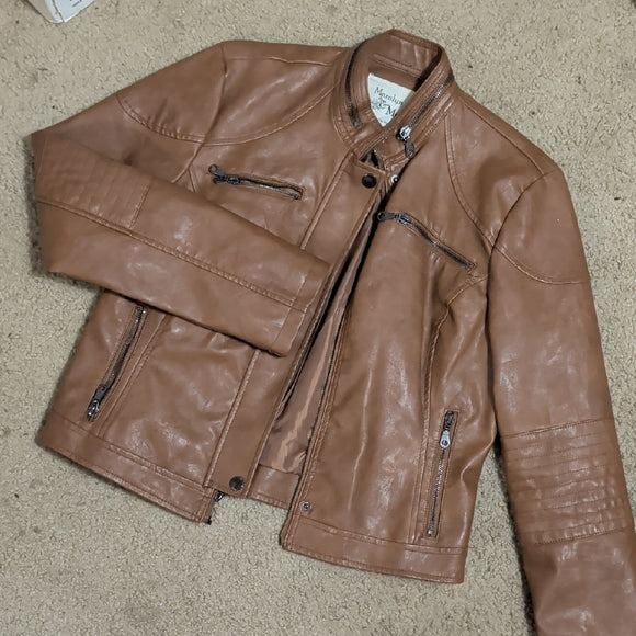 Maralyn & Me Juniors Faux-Leather Cognac Moto Zip Front Biker Jacket Medium