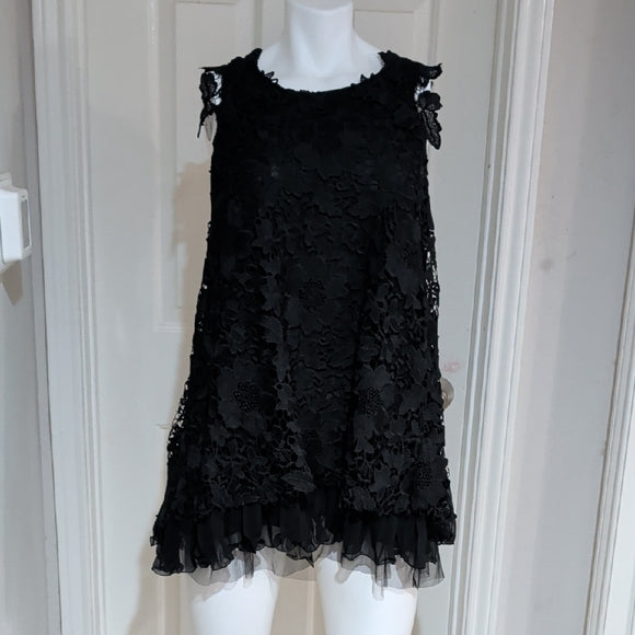 Chic Black Floral Lace Sleeveless Sheer Back Dress Women's Small
