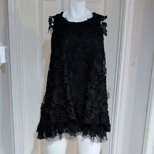 Chic Black Floral Lace Sleeveless Sheer Back Dress Women's Small