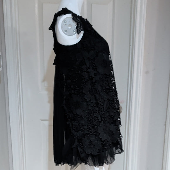 Chic Black Floral Lace Sleeveless Sheer Back Dress Women's Small