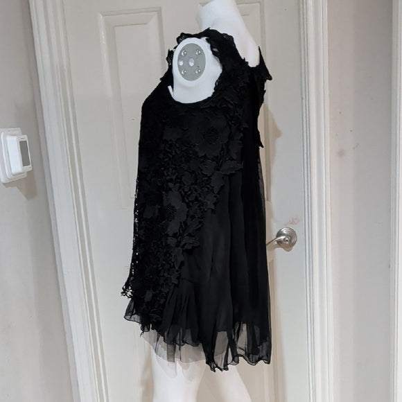 Chic Black Floral Lace Sleeveless Sheer Back Dress Women's Small