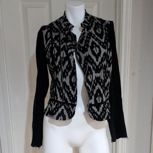 Chic Asymmetrical Black and White Patterned Blazer Women's Medium 100% Cotton