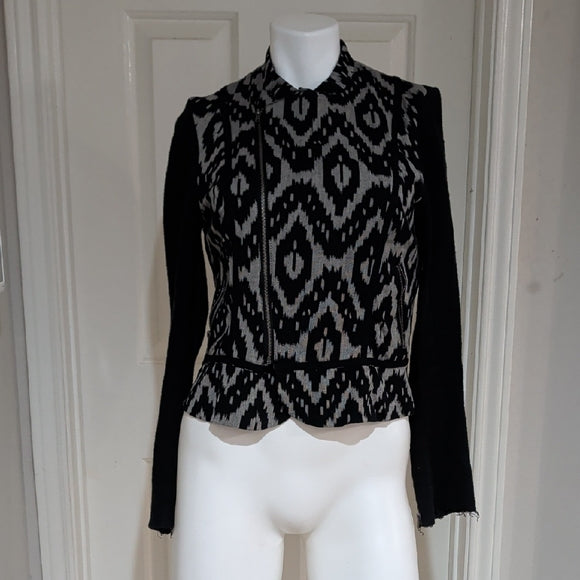 Chic Asymmetrical Black and White Patterned Blazer Women's Medium 100% Cotton