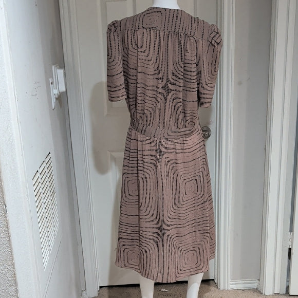 Vintage Chic Tan Patterned Midi Dress Women's Large