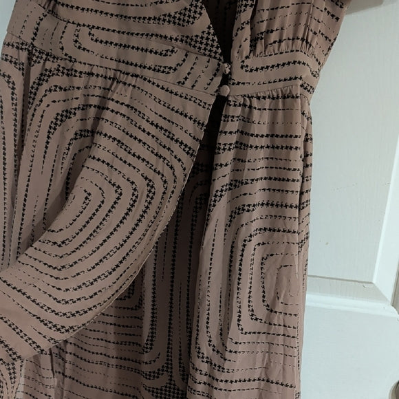 Vintage Chic Tan Patterned Midi Dress Women's Large
