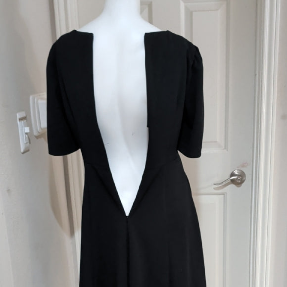 Vintage Donna Morgan Black V-Neck Midi Fit-and-Flare Dress Women's 6