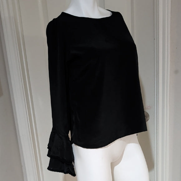 Vintage Carolina Veloz Black Long-Sleeve Blouse with Ruffle Cuffs Women's Medium