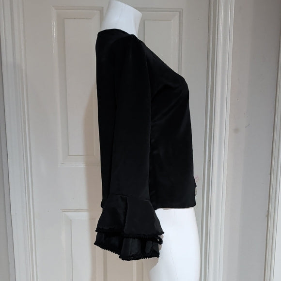 Vintage Carolina Veloz Black Long-Sleeve Blouse with Ruffle Cuffs Women's Medium