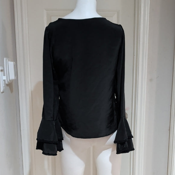 Vintage Carolina Veloz Black Long-Sleeve Blouse with Ruffle Cuffs Women's Medium