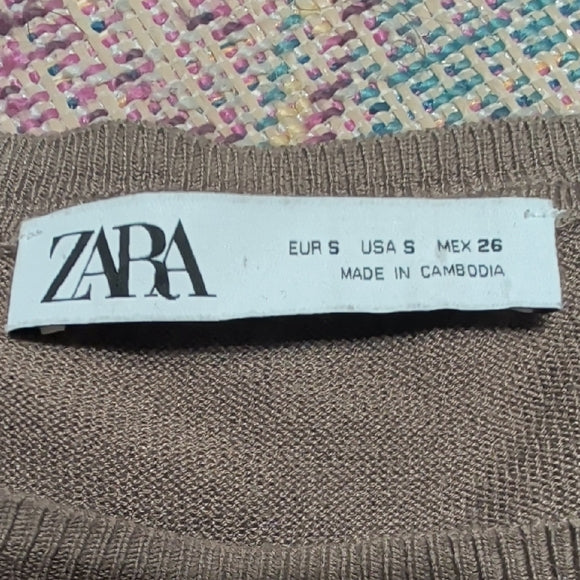 Zara Women's Khaki Brown Ribbed Knit Long Sleeve Crewneck Solid Crop Top Size S