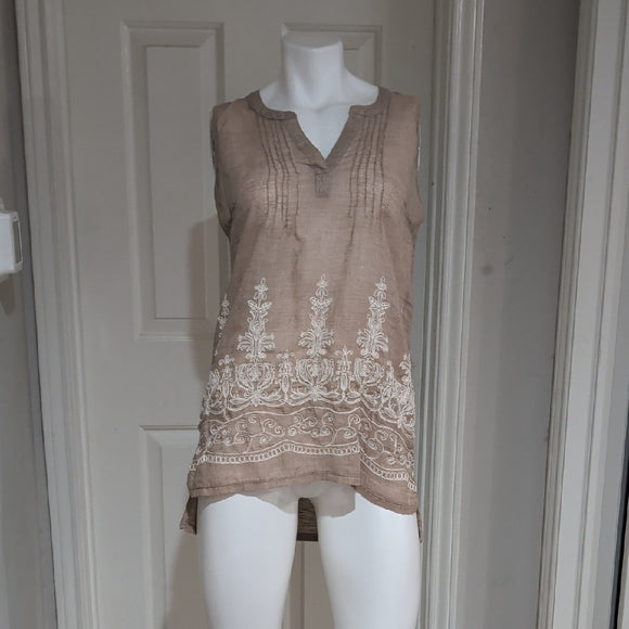 Retrology Sheer Sleeveless Embroidered Tunic Top - Taupe Women's Large