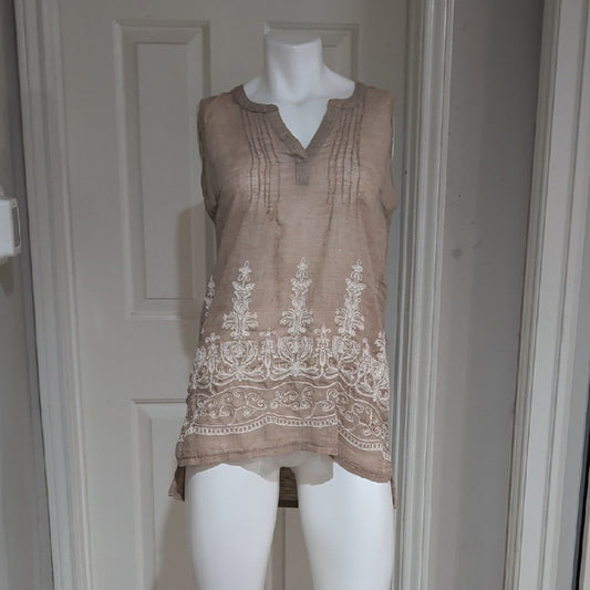 Retrology Sheer Sleeveless Embroidered Tunic Top - Taupe Women's Large