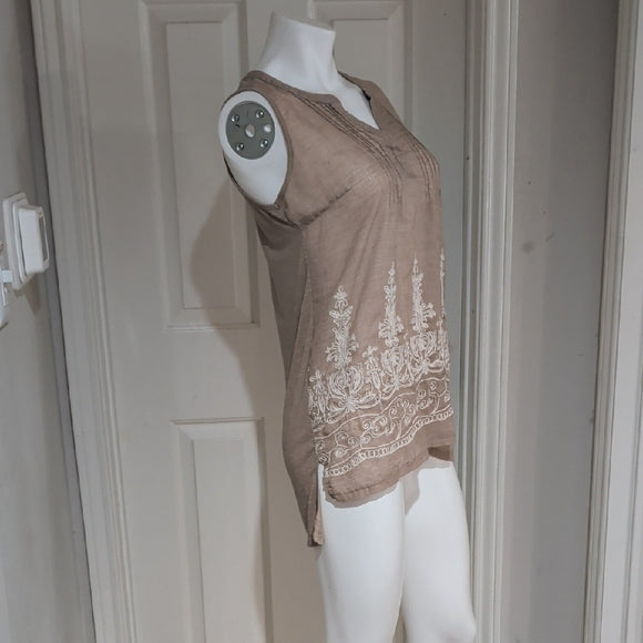 Retrology Sheer Sleeveless Embroidered Tunic Top - Taupe Women's Large