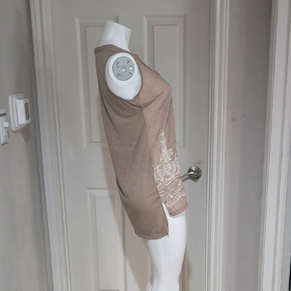 Retrology Sheer Sleeveless Embroidered Tunic Top - Taupe Women's Large