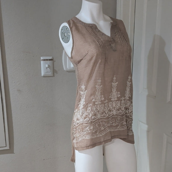 Retrology Sheer Sleeveless Embroidered Tunic Top - Taupe Women's Large