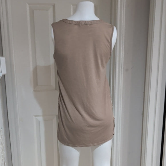 Retrology Sheer Sleeveless Embroidered Tunic Top - Taupe Women's Large