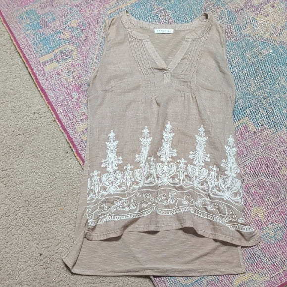 Retrology Sheer Sleeveless Embroidered Tunic Top - Taupe Women's Large
