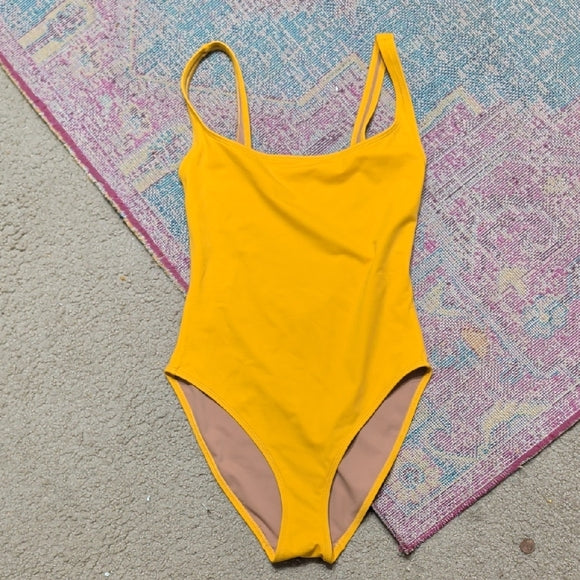 NWOT Nu Swim Mustard Square Neck Low Back One-Piece Swimsuit Women's Large