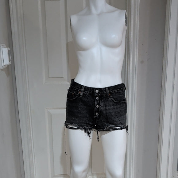 Levis 501XX Shorts Womens 28 Black Denim Button Fly Distressed Frayed Hem