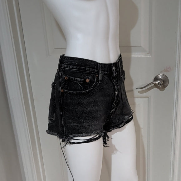 Levis 501XX Shorts Womens 28 Black Denim Button Fly Distressed Frayed Hem