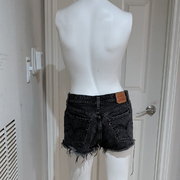 Levis 501XX Shorts Womens 28 Black Denim Button Fly Distressed Frayed Hem