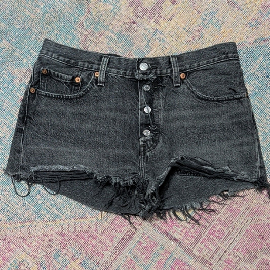 Levis 501XX Shorts Womens 28 Black Denim Button Fly Distressed Frayed Hem