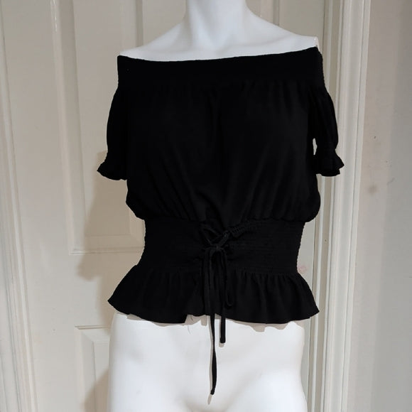 Sweet Wanderer Black Off-Shoulder Smocked Peplum Crop Top Women's Large