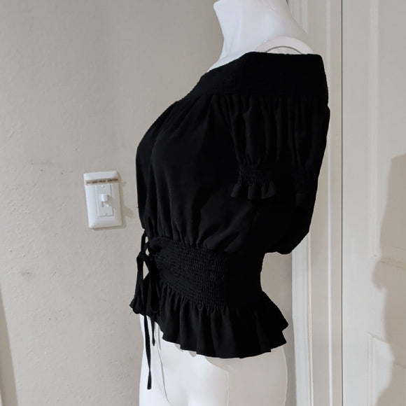 Sweet Wanderer Black Off-Shoulder Smocked Peplum Crop Top Women's Large