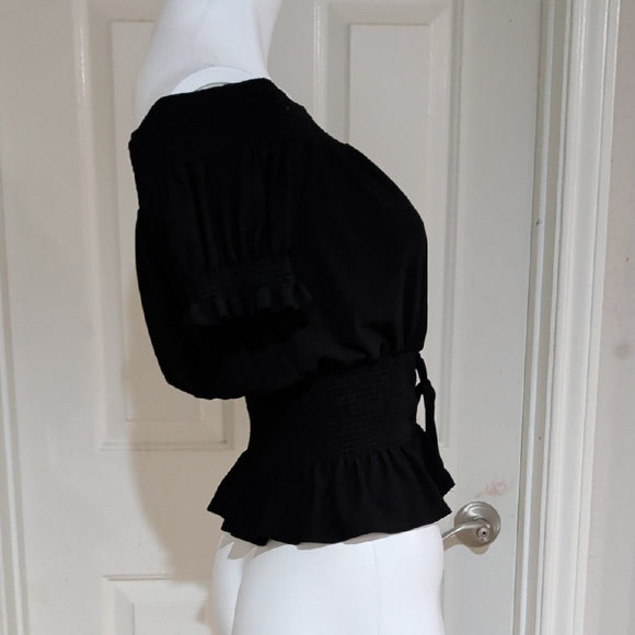 Sweet Wanderer Black Off-Shoulder Smocked Peplum Crop Top Women's Large