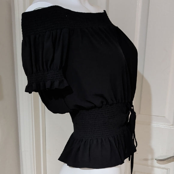 Sweet Wanderer Black Off-Shoulder Smocked Peplum Crop Top Women's Large