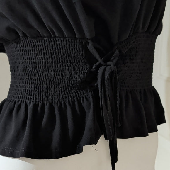 Sweet Wanderer Black Off-Shoulder Smocked Peplum Crop Top Women's Large
