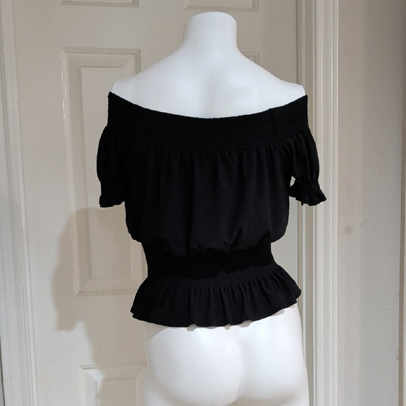 Sweet Wanderer Black Off-Shoulder Smocked Peplum Crop Top Women's Large