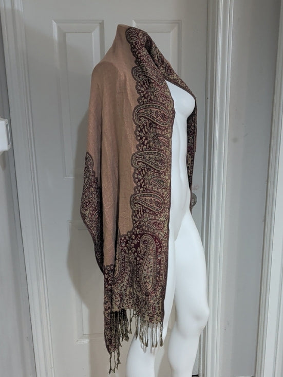 Vintage Beige, Black & Burgundy Paisley Pashmina Wrap Shawl