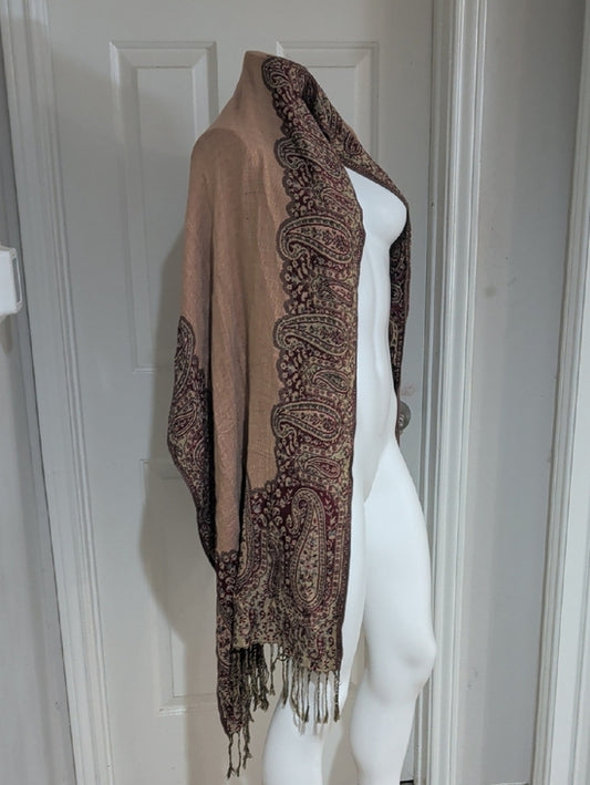 Vintage Beige, Black & Burgundy Paisley Pashmina Wrap Shawl