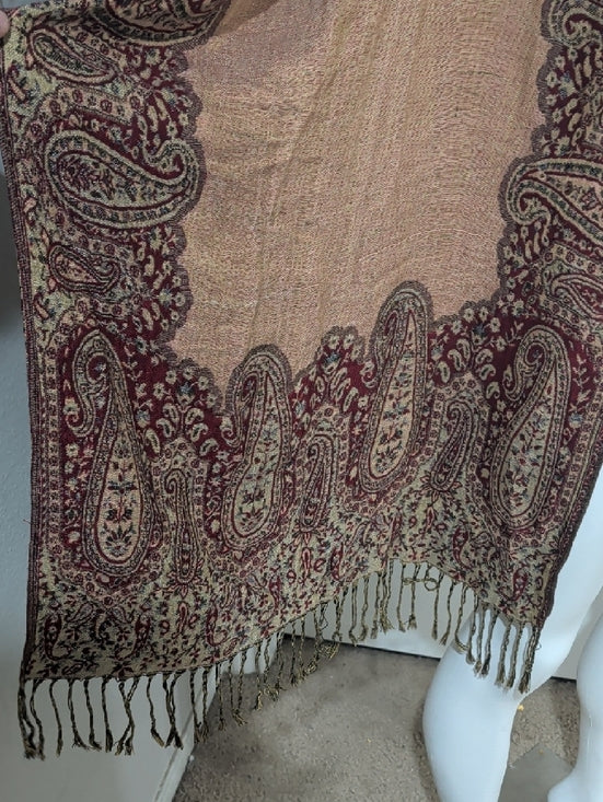 Vintage Beige, Black & Burgundy Paisley Pashmina Wrap Shawl