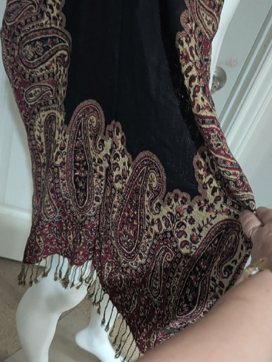 Vintage Beige, Black & Burgundy Paisley Pashmina Wrap Shawl
