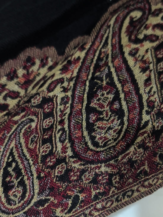 Vintage Beige, Black & Burgundy Paisley Pashmina Wrap Shawl