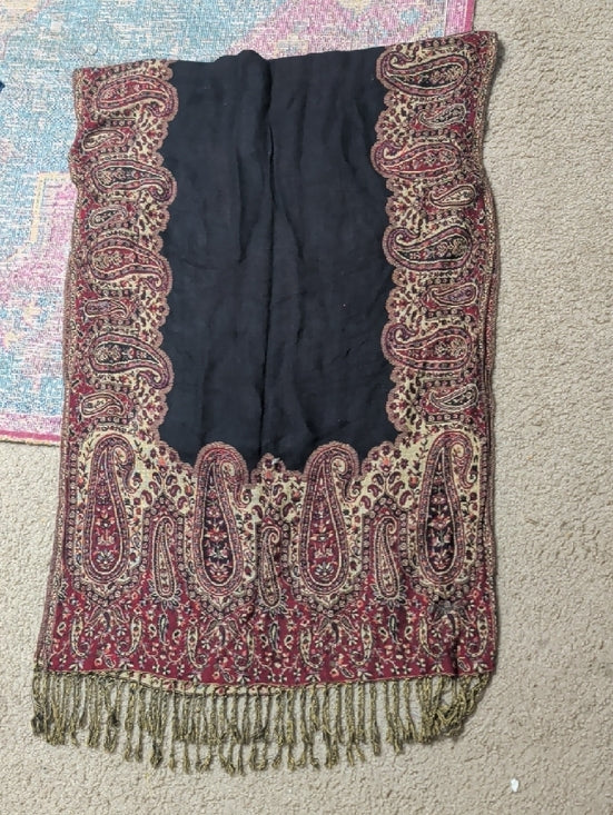 Vintage Beige, Black & Burgundy Paisley Pashmina Wrap Shawl