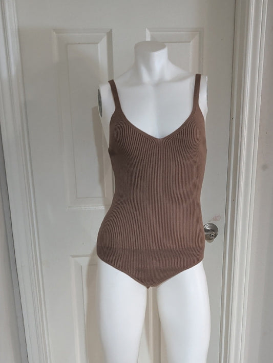 Abercrombie & Fitch Classic Ribbed V-Neck Bodysuit - Taupe Women's Medium