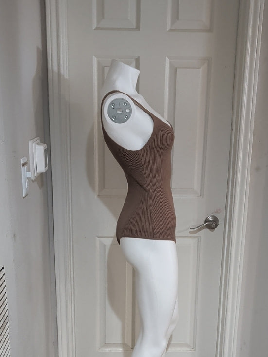 Abercrombie & Fitch Classic Ribbed V-Neck Bodysuit - Taupe Women's Medium