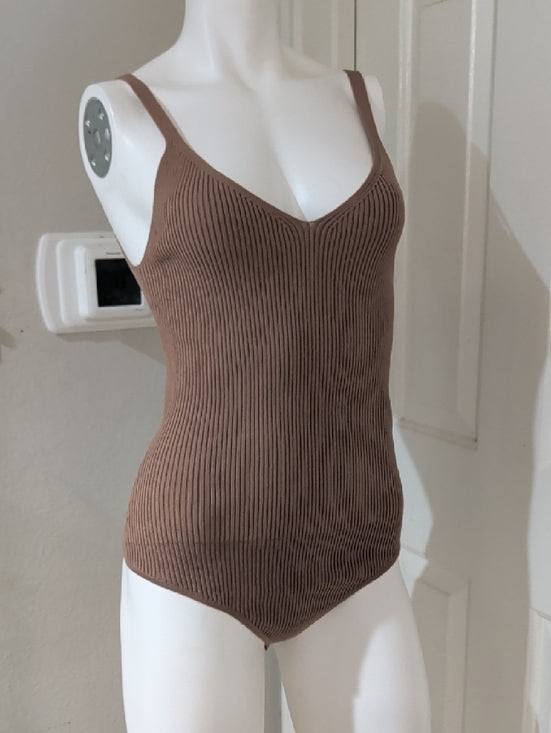 Abercrombie & Fitch Classic Ribbed V-Neck Bodysuit - Taupe Women's Medium