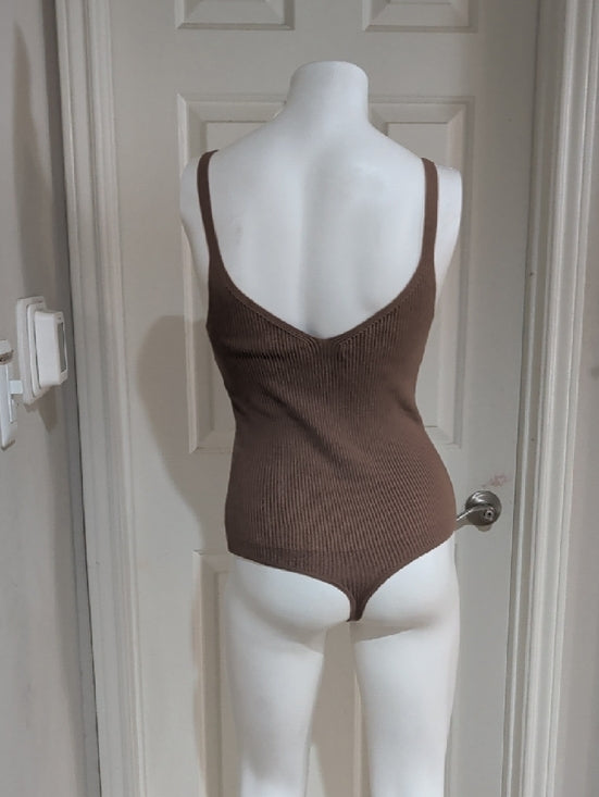 Abercrombie & Fitch Classic Ribbed V-Neck Bodysuit - Taupe Women's Medium