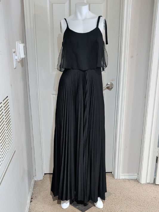Vintage JT Dress Co Elegant Black Pleated Maxi Dress with Sheer Overlay Women 10