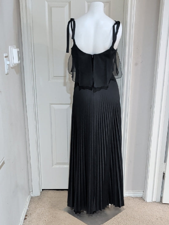 Vintage JT Dress Co Elegant Black Pleated Maxi Dress with Sheer Overlay Women 10