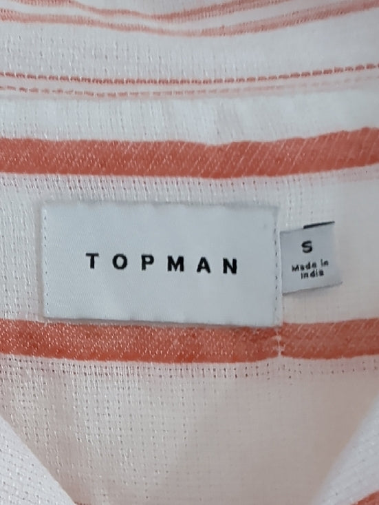 Topman White and Coral-Striped Short Sleeve Button-Down Shirt Men's Small