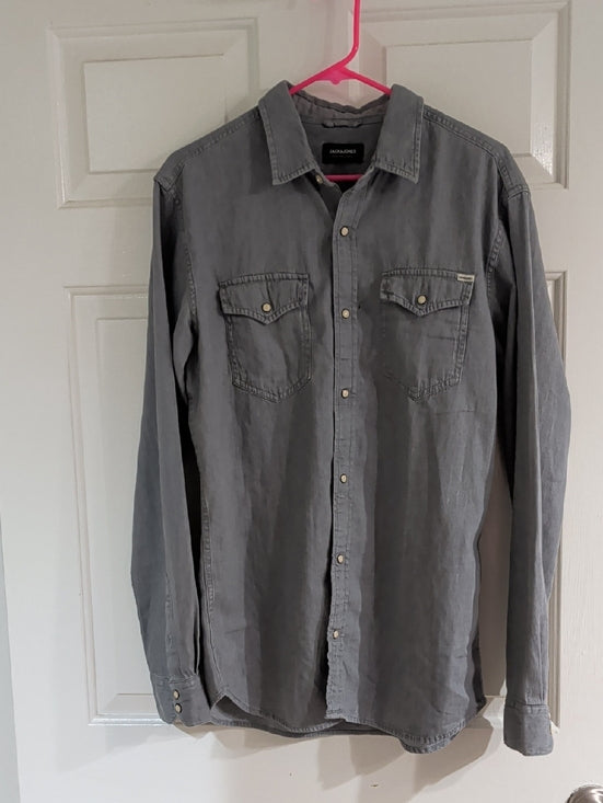 Jack & Jones Men's Gray Denim Peal Snap Button-Front Shirt Western Retro Large