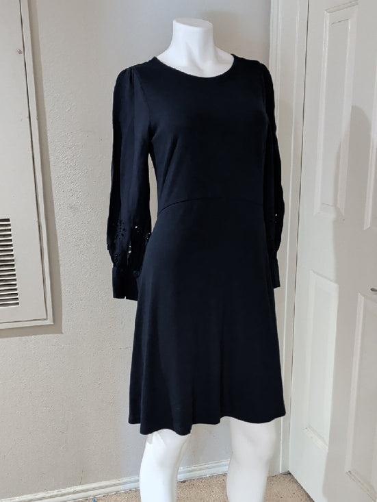 LOFT Dark Blue Long-Sleeve A-Line Dress with Eyelet Cut-Out Sleeve Detail Size 6