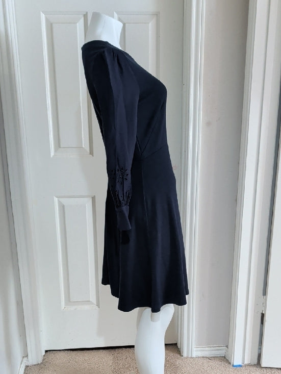 LOFT Dark Blue Long-Sleeve A-Line Dress with Eyelet Cut-Out Sleeve Detail Size 6
