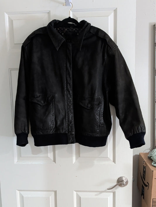Vintage Black Leather Bomber Jacket with Ribbed Cuffs Men's XL